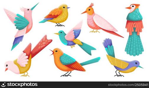 Colorful birds. Decorative bird, cute nature objects. Isolated flying decoration, hummingbird and abstract tit and sparrow. Vintage bright swanky vector set. Illustration of bird decorative cartoon. Colorful birds. Decorative bird, cute nature objects. Isolated flying decoration, hummingbird and abstract tit and sparrow. Vintage bright swanky vector set