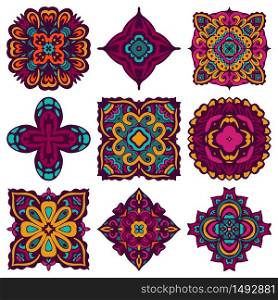 Colorful boho ornamental ethnic decorative tiled elements. Vector set of various ornaments, deco template.. Colorful boho ornamental ethnic decorative tiled elements.