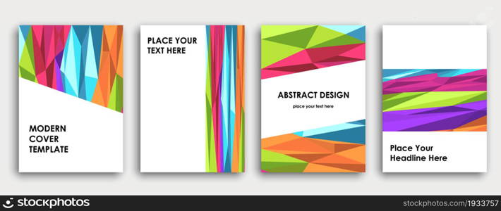 Colorful book cover design. Abstract background. Poster, corporate business annual report, brochure, magazine mockup. Green, pink, blue, purple a4 template. Polygonal vector.