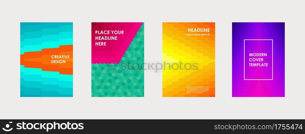 Colorful book cover design. Poster, corporate business annual report, brochure, magazine, flyer mockup. Green, violet, pink, blue, orange a4 template. Halftone gradients. Modern geometric pattern. Vector.