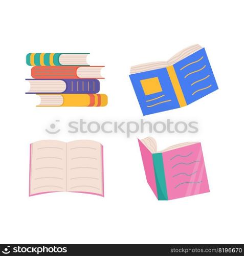 Colorful books set. Books in a stack, open, in a group, closed. Learn and study. Colorful books set. Books in a stack, open, in a group, closed. Learn and study.