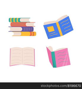 Colorful books set. Books in a stack, open, in a group, closed. Learn and study. Colorful books set. Books in a stack, open, in a group, closed. Learn and study.