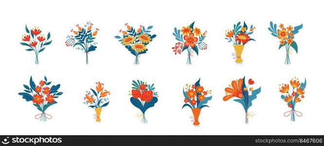 Colorful bouquets of different flowers vector illustrations set. Blooming plants as gifts, meadow or garden flowers isolated on white background. Nature, gardening, decoration, botany concept