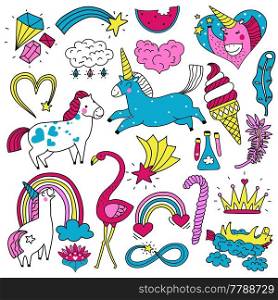 Colorful bright doodle set of cute magic horses unicorns rainbow stars hearts isolated on white background vector illustration. Magic Bright Set