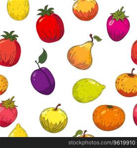 Colorful bright fruits seam≤ss pattern. Hand drawing sketch fruits≤mon, app≤, plum,oran≥, tan≥ri≠. Vector illustration pr∫fabric, wallpaper, decoration, texti≤. Colorful bright fruits seam≤ss pattern. Hand drawing sketch fruits