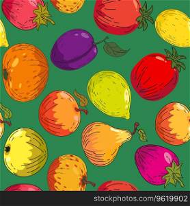 Colorful bright fruits seamless pattern. Hand drawing sketch fruits lemon, apple, plum,orange, tangerine. Vector illustration print fabric, wallpaper, decoration, textile. Colorful bright fruits seamless pattern. Hand drawing sketch fruits