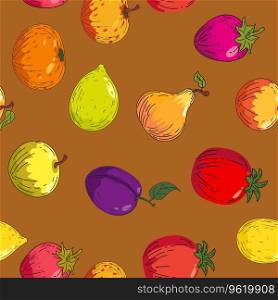 Colorful bright fruits seamless pattern. Hand drawing sketch fruits lemon, apple, plum,orange, tangerine. Vector illustration print fabric, wallpaper, decoration, textile. Colorful bright fruits seamless pattern. Hand drawing sketch fruits