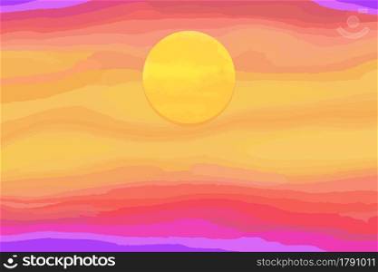Colorful bright watercolor sunset with sun. Vector background.