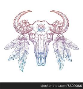 Colorful buffalo skull. Colorful buffalo skull isolated on white background. Hand drawn native american talisman vector illustration