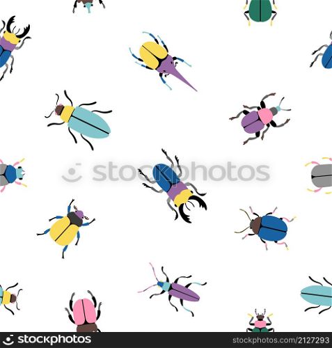 Colorful bugs seamless pattern. Cartoon cute insects of botanical icon set, vector illustration beetles of science of entomology isolated on white background. Colorful bugs seamless pattern