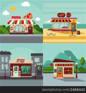Colorful building facades square concept with italian restaurant cafe barber shop and bakery vector illustration. Colorful Building Facades Square Concept
