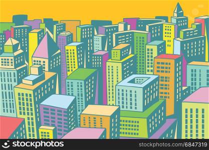 colorful buildings of the modern city background. Comic book cartoon pop art retro colored drawing vintage illustration. colorful buildings of the modern city background