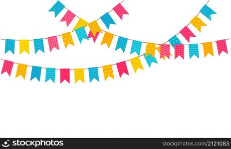 Colorful bunting flags or festive garlands for birthday party celebration. Hanging buntings and garland, carnival decoration vector background. Surprise holiday celebration for children. Colorful bunting flags or festive garlands for birthday party celebration. Hanging buntings and garland, carnival decoration vector background