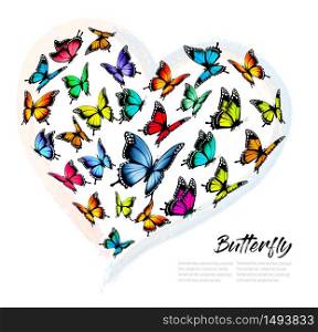 Colorful butterflies in a heart shape. Pattern for greeting or invitation to a wedding. Vector illustration