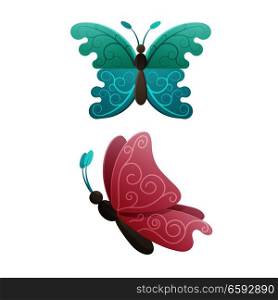 Colorful butterflies in pink and blue colors with ornamental wings isolated on white background. Easter holiday decorative flying insects, vector illustration in flat style cartoon design. Colorful Butterflies in Pink and Blue Wings Colors