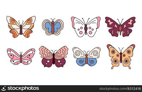 Colorful butterflies set. Vector collection of doodle insects isolated. Groovy colors design elements on white background. Beautiful outline butterfly.. Colorful butterflies set. Vector collection of doodle insects isolated. Groovy colors design elements on white background. Beautiful outline butterfly