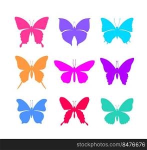 Colorful butterflies silhouette set. Beautiful animal in nature. Vector illustration