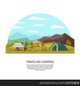 Colorful c&ing concept with tourist tent trailer table chair umbrella on summer nature landscape vector illustration. Colorful C&ing Concept