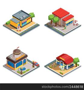 Colorful cafe restaurant pizzeria 3d isometric icons set on white background isolated vector illustration. Cafe Isometric Icons Set