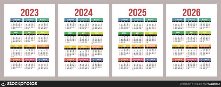 Colorful calendar 2023, 2024, 2025 and 2026. Color vector pocket calender design. Week starts on Sunday. January, February, March, April, May, June, July, August, September, October, November, December.. Colorful calendar 2023, 2024, 2025 and 2026. Color vector pocket calender design. Week starts on Sunday. January, February, March, April, May, June, July, August, September, October, November, December