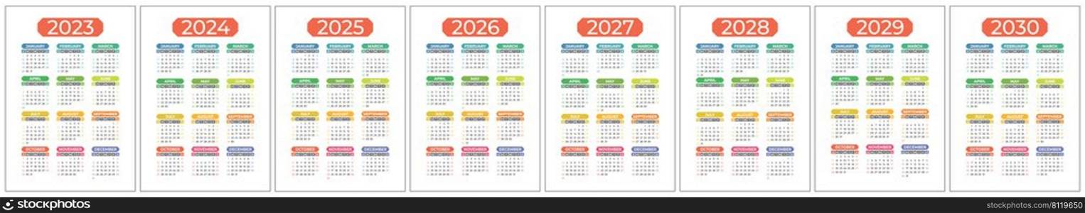 Colorful calendar 2023, 2024, 2025 to 2030. Color vector pocket calender design. Week starts on Sunday. January, February, March, April, May, June, July, August, September, October, November, December.. Colorful calendar 2023, 2024, 2025 to 2030. Color vector pocket calender design. Week starts on Sunday. January, February, March, April, May, June, July, August, September, October, November, December