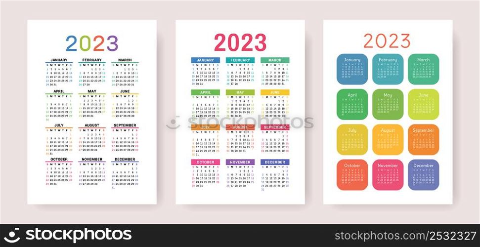 Colorful calendar 2023 set. Vector template collection. January, February, March, April, May, June, July, August, September, October, November, December