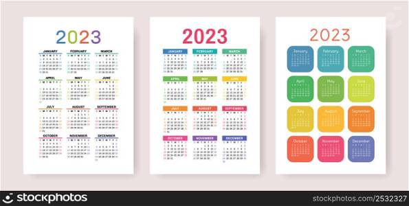 Colorful calendar 2023 set. Vector template collection. January, February, March, April, May, June, July, August, September, October, November, December