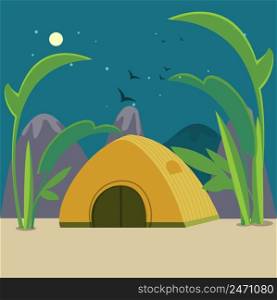 Colorful camping background with tourist tent near plants and mountains at night time in flat style vector illustration. Colorful Camping Background