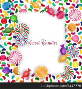 Colorful candy background with jelly beans, lollipop and orange slice .Vector
