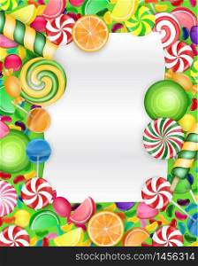 Colorful candy background with lollipop and orange slice.vector