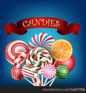 Colorful candy background with realistic red ribbon .vector