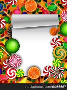 Colorful candy background with white blank paper