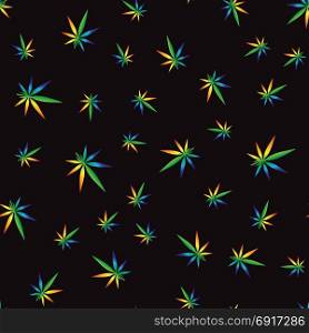 Colorful Cannabis Leaves Seamless Pattern on Black Background. Colorful Cannabis Leaves Seamless Pattern
