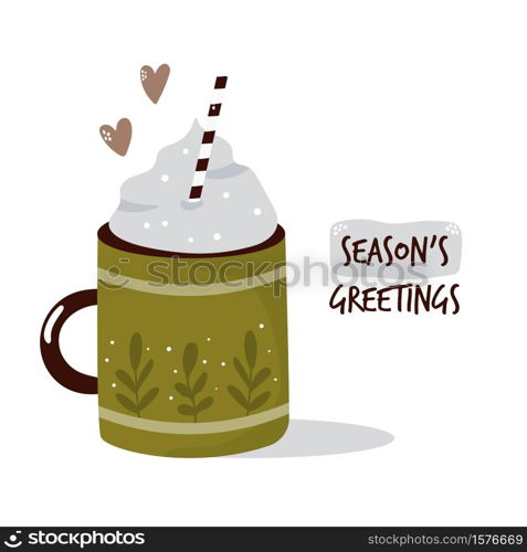 Colorful card with cup of cocoa and cream. Winter greetings. Vector illustration. Colorful card with cup of cocoa and cream. Winter greetings.