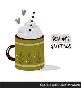 Colorful card with cup of cocoa and cream. Winter greetings. Vector illustration. Colorful card with cup of cocoa and cream. Winter greetings.
