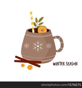 Colorful card with cup of cocoa and spices. Winter greetings. Vector illustration. Colorful card with cup of cocoa and spices. Winter greetings.