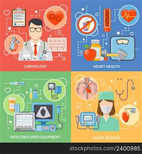 Colorful cardiology flat 2x2 icons set with cardiologists medicines and equipment for heart health and treatment isolated vector illustration. Cardiology Flat 2x2 Icons Set