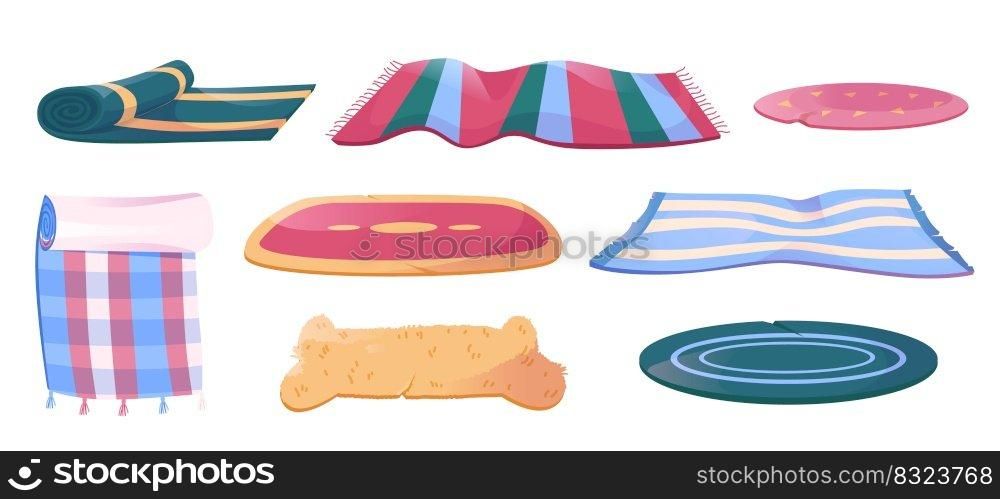Colorful carpets, blankets and rugs set isolated on white background. Cartoon illustration of striped, checkered floor covering of different size and shape. Home interior accessories. Vector design. Colorful carpets, blankets and rugs set on white