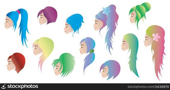 Colorful cartoon avatar beautiful girls with different hairstyles set collection. Vector illustration.