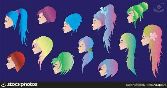 Colorful cartoon avatar beautiful girls with different hairstyles set collection. Vector illustration.