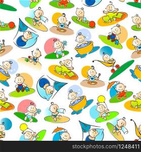 Colorful cartoon babies characters seamless pattern with happy smiling little boys and girls over white background. May be use as childish room interior, textile print or scrapbook page backdrop design