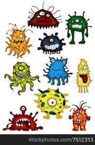Colorful cartoon cute and eerie monsters or aliens, isolated on white. For Halloween holiday design. Colorful cartoon cute and eerie monsters