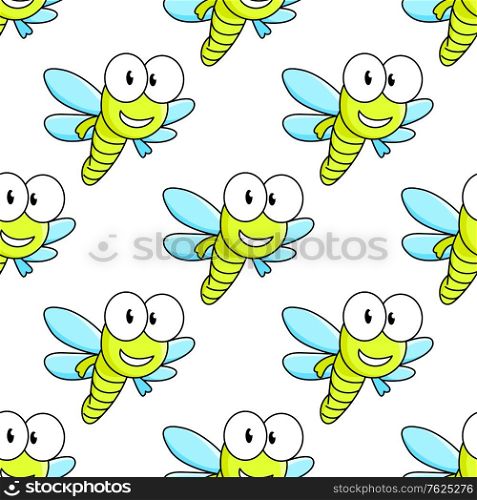 Colorful cartoon flying dragon fly with big googly eyes seamless background pattern. Colorful dragon fly seamless pattern
