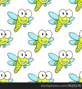 Colorful cartoon flying dragon fly with big googly eyes seamless background pattern. Colorful dragon fly seamless pattern