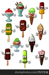 Colorful cartoon ice cream characters with vanilla, strawberry, caramel and pistachio soft serve ice cream cones, refreshing popsicles and chocolate ice cream on sticks, sundae desserts with fresh fruits. Cartoon ice cream characters for desserts design