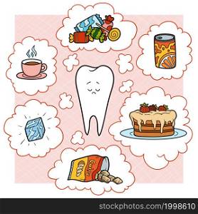 Colorful cartoon illustration. Bad food for the teeth. Educational poster for children about health