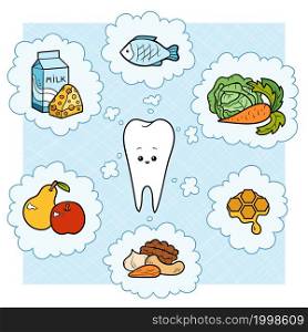 Colorful cartoon illustration. Good food for teeth. Educational poster for children about health