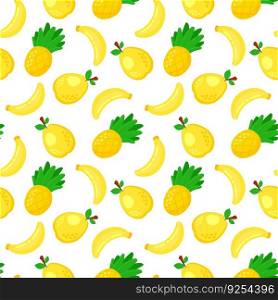 Colorful cartoon pineapple, banana and pear fruit seamless pattern isolated on white background. Doodle simple vector juicy food. Juice packaging design. Summer fabric print template.