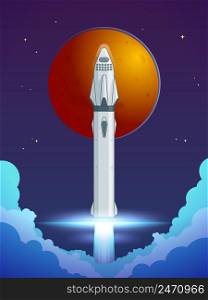 Colorful cartoon rocket launch concept with flame and clouds on Mars planet background vector illustration. Colorful Cartoon Rocket Launch Concept