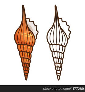 Colorful cartoon sea shell kids coloring page, vector illustration. Cartoon sea shell kids coloring page
